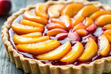 Wall Mural - A close-up view of a slice of pie topped with sliced peaches, perfect for food photography or desserts