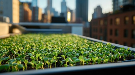 Poster - close-up of a plant growing on a rooftop with urban cityscape in the background
