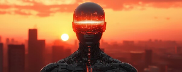 Poster - Futuristic robot silhouette against a sunset skyline, showcasing advanced technology and creativity.