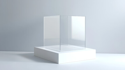Glass cube box on white stand. Empty clear square showcase on podium in front and angle view. Vector realistic mockup of 3d acrylic or plexiglass box for exhibit isolated on transparent background