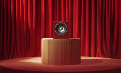 Red speaker on wooden stage, red curtain backdrop, audio product display