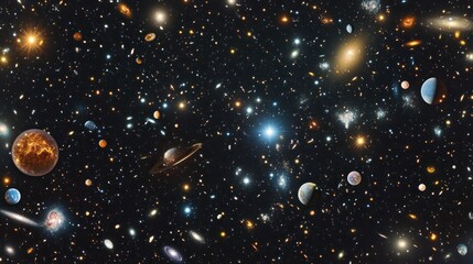 Poster - A vibrant cosmic scene filled with planets, stars, and galaxies, illustrating the vast universe.