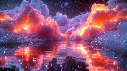 Wall Mural - enchanted night: a dreamlike landscape of pink and purple clouds reflected in a calm body of water. 