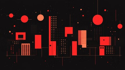 Poster - Abstract Pixelated Cityscape Night Red Geometric Urban Design Illustration