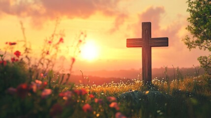 Poster - A wooden cross in a serene landscape at sunset, symbolizing faith and reflection.