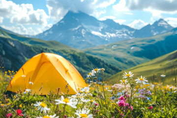 summer vacation in the mountains. camping with yellow tent in a mountain valley with wild meadow flo