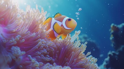 Poster - Two clownfish gracefully navigate through a colorful anemone in a clear blue sea. This close-up captures the delicate beauty of marine life in vivid detail, creating an enchanting aquatic view