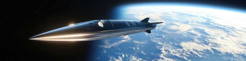 Wall Mural - a spaceship soaring through the sky above the earth, ideal for futuristic or space-themed projects