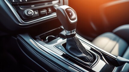 Poster - close-up of a car's gear shift in a modern vehicle interior.