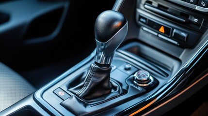 Poster - close-up of a car's gear shift lever and controls in a modern vehicle interior.