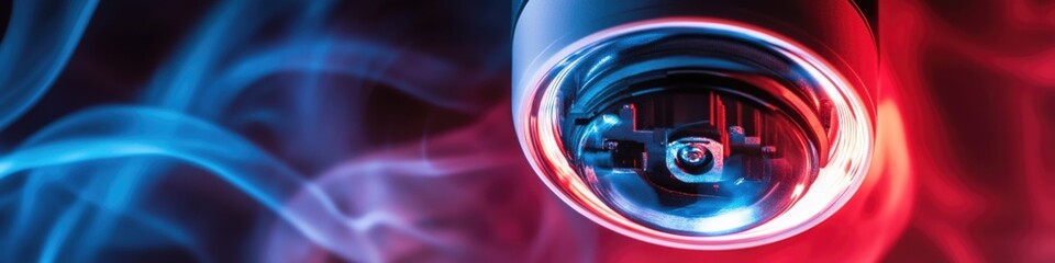 Poster - a close-up shot of red and blue lights, suitable for use in designs related to technology, innovatio