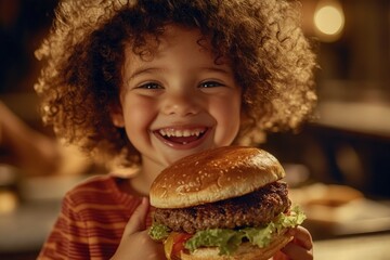 A young girl holding a hamburger in her hands, a popular fast food item