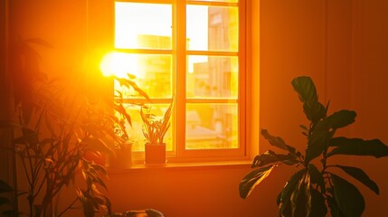 Poster - Soft orange light fills the room as the sun sets, illuminating the plants and highlighting the simplicity of the decor. This serene ambiance invites relaxation and peace