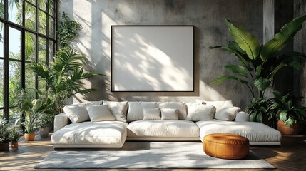 Aufkleber - Cozy living room with a large couch, plants, and natural light.