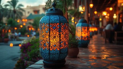 Aufkleber - Decorative lanterns illuminate a vibrant outdoor space, enhancing the ambiance of the setting.