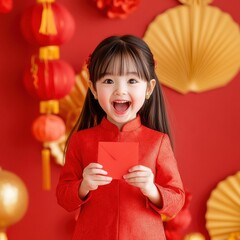 Wall Mural - Cute Young Girl in Traditional Red Outfit Holding a Red Envelope with Lanterns in a Festive Chinese Decoration Setting