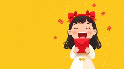 Wall Mural - Happy girl celebrating with red envelope on festive yellow background, expressing joy and excitement