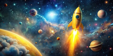 a bright yellow toy rocket soars through the galaxy amidst a stunning celestial backdrop of twinklin