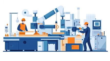 Poster - Illustration of a modern wood workshop with workers and machinery for production.