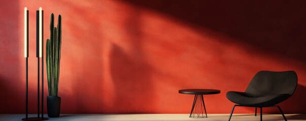 Wall Mural - Red wall room, chair, table, lamps, plant, sunlight