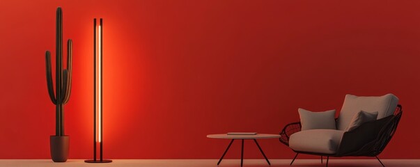 Poster - Red room interior, floor lamp, armchair, cactus