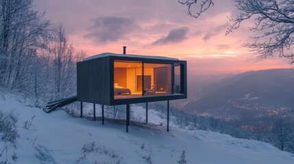 Poster - Modern cabin in snowy landscape, illuminated at sunset, offering a serene retreat.