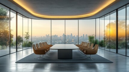Aufkleber - Modern conference room with a panoramic city view at sunset.