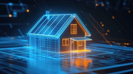 Poster - A 3D holographic projection of a smart home featuring solar panels, symbolizing cutting-edge technology and sustainable living solutions for a future-focused society.