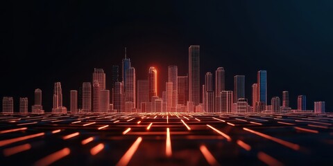 Poster - Futuristic city skyline with glowing lines and vibrant colors against a dark background.