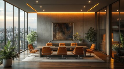 Poster - Modern conference room with large windows, stylish furniture, and city view.