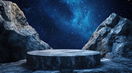Poster - A beautiful starry night over a stone background, paired with an elegant pedestal for showcasing luxurious products.