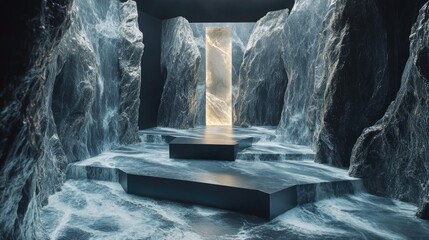 Aufkleber - A beautiful trickle of muddled luster flowing through meandering valleys, with an empty podium set to showcase luxury product packaging.