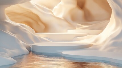 Aufkleber - A beautiful trickle of muddled luster flowing through meandering valleys, with an empty podium set to showcase luxury product packaging.