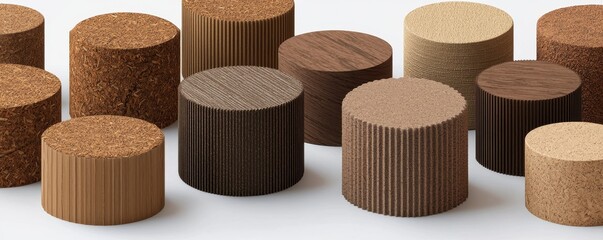 Poster - Assorted wooden cylinders in various shades and textures arranged on a light surface.