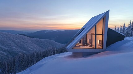 Poster - Modern house on a snowy mountain slope at sunset, showcasing minimalist architecture.