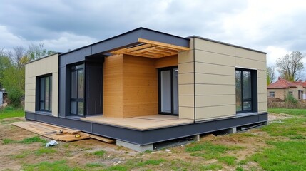 Aufkleber - Modern house under construction with a wooden porch and large windows.