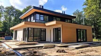 Aufkleber - Modern house under construction with wooden accents and large windows in a natural setting.