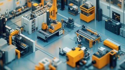 Poster - A bird's eye view of a microfactory assembly line, where 3D-printed parts are carefully organized, and machinery in the background adjusts to meet production needs.