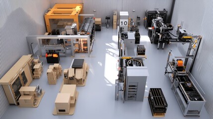 Poster - A bird's eye view of a microfactory assembly line, where 3D-printed parts are carefully organized, and machinery in the background adjusts to meet production needs.