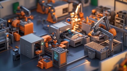 Poster - A bird's eye view of a microfactory assembly line, where 3D-printed parts are carefully organized, and machinery in the background adjusts to meet production needs.