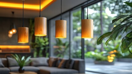 Poster - Modern interior featuring pendant lights, plants, and a cozy seating area.