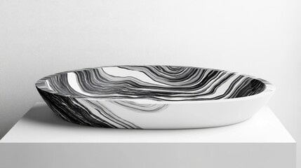 Aufkleber - A bold white oval podium with wavy obsidian patterns, creating a striking empty showcase for packaging product presentation.