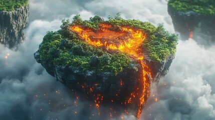 Poster - A breathtaking floating island split between lush greenery and fiery lava, symbolizing the balance of opposing forces in nature, with an empty pedestal for product display.