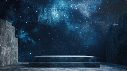 Poster - A breathtaking starry night sky, with a stone-textured background and minimalist podium designed for product display.