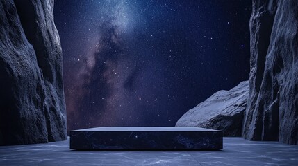 Poster - A breathtaking starry night sky, with a stone-textured background and minimalist podium designed for product display.