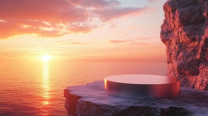 Poster - A breathtaking sunset over a rugged cliff with a podium ready for a sophisticated product display