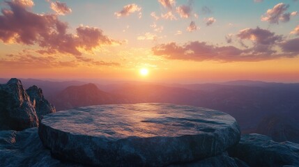 Poster - A breathtaking sunset over a rugged cliff with a podium ready for a sophisticated product display