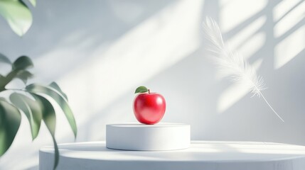 Aufkleber - A bright, clean space with an apple and feather-themed podium, awaiting packaging design. Soft lighting highlights the simplicity.