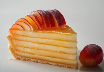 Wall Mural - Delicious and Elegant Layered Cake with Glazed Peaches and Creamy Filling on a Light Background for Culinary Inspiration and Food Photography