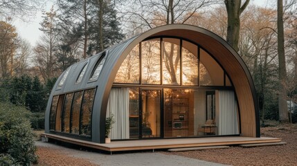 Aufkleber - Modern, curved house with large windows surrounded by trees, blending nature and design.